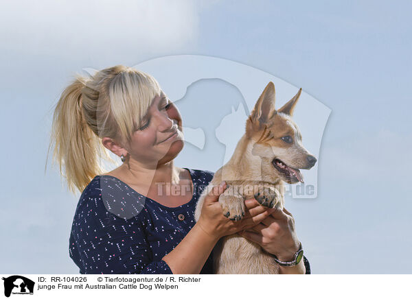 junge Frau mit Australian Cattle Dog Welpen / young woman with Australian Cattle Dog puppy / RR-104026