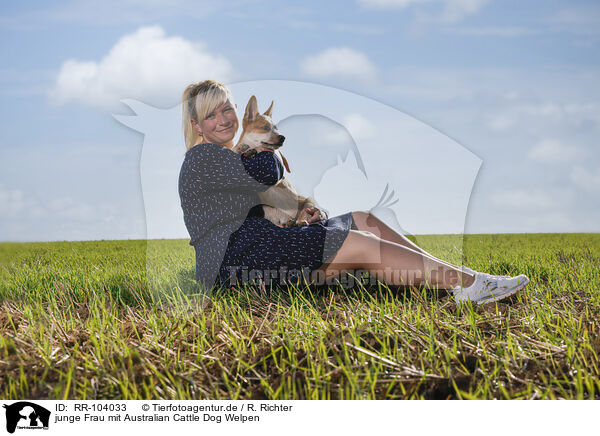 junge Frau mit Australian Cattle Dog Welpen / RR-104033