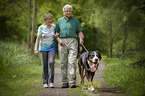 Senioren gehen mit Groer Schweizer Sennenhund spazieren