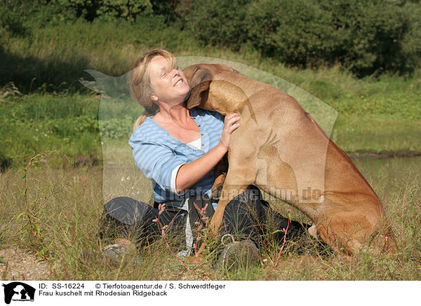 Frau kuschelt mit Rhodesian Ridgeback / woman snuggles with Rhodesian Ridgeback / SS-16224