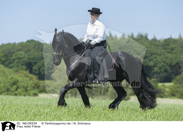 Frau reitet Friese / woman rides Friesian horse / NS-06539