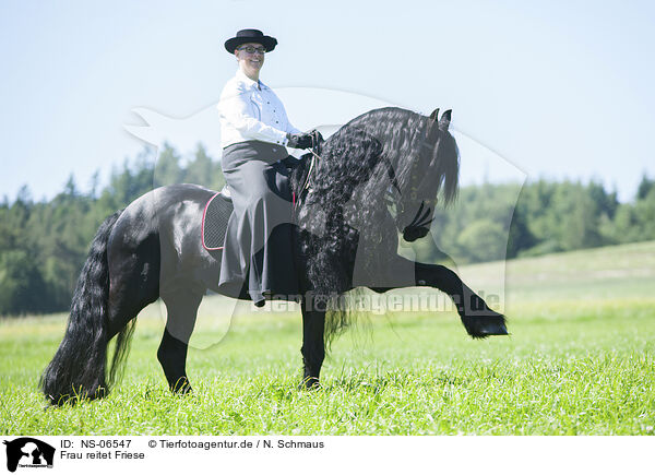 Frau reitet Friese / woman rides Friesian horse / NS-06547