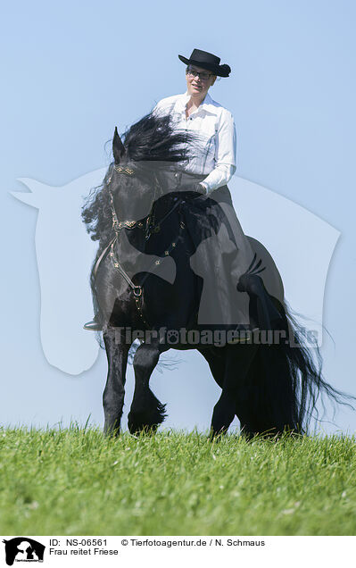 Frau reitet Friese / woman rides Friesian horse / NS-06561