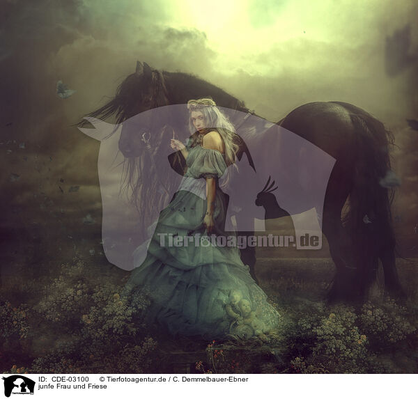 junfe Frau und Friese / young woman and Frisian horse / CDE-03100