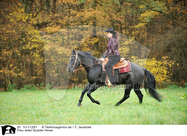 Frau reitet Quarter Horse / woman rides Quarter Horse / YJ-11291