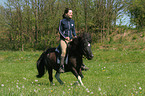 Frau reitet Shetland Pony