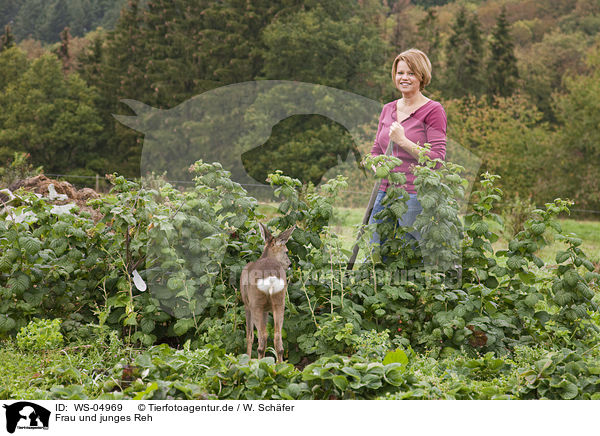 Frau und junges Reh / woman and young roe deer / WS-04969